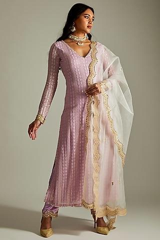 Lilac Georgette Thread Embellished Kurta Set For Girls