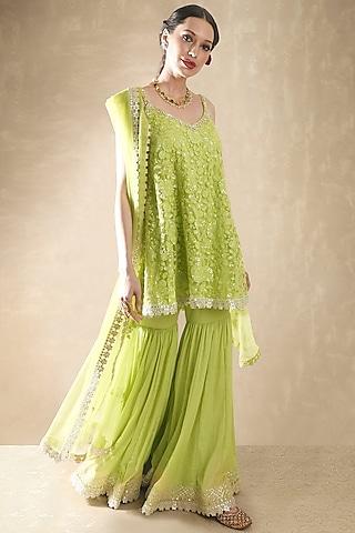 Leaf Green Soft Net Thread Embroidered Gharara Set For Girls