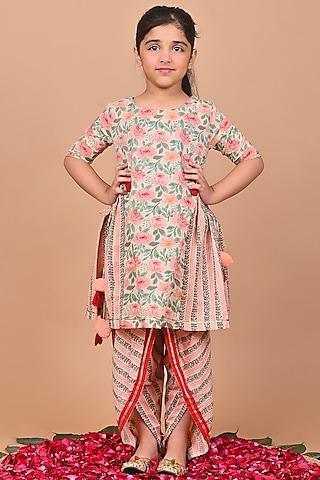 Peach Cotton Floral Printed & Crochet Embroidered Paneled Kurta Set For Girls