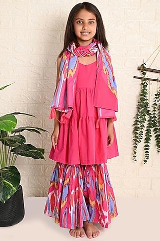 Pink Cotton Ikat Printed Sharara Set For Girls