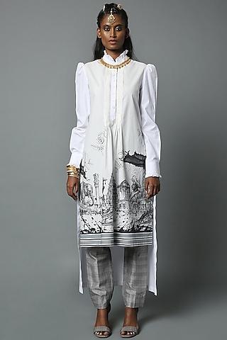 White Dravidian-Print Ruffled Tunic