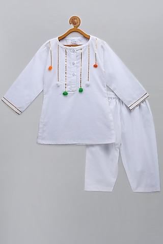 White Cotton Poplin Machine Embroidered Kurta Set For Girls