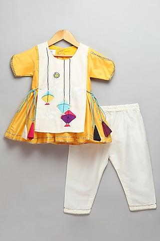 Yellow Cotton Silk Embroidered Kurta Set For Girls
