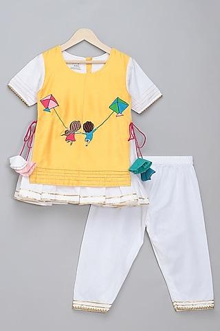 White & Yellow Cotton Silk Embroidered Kurta Set For Girls