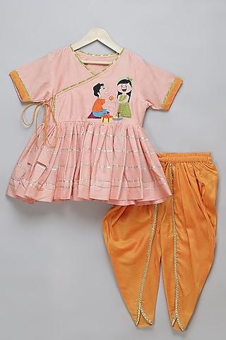Orange Cotton Silk Lace Embellished Dhoti Set For Girls