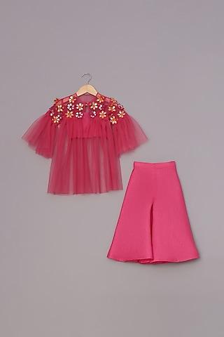 Hot Pink Dupion Silk & Camry Palazzo Pant Set For Girls