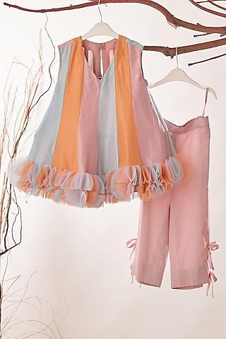Pink Upada Silk & Cotton Satin Pant Set For Girls