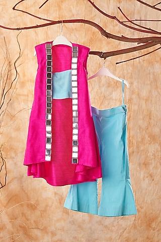 Blue Cambric & Dupion Silk Pant Set For Girls