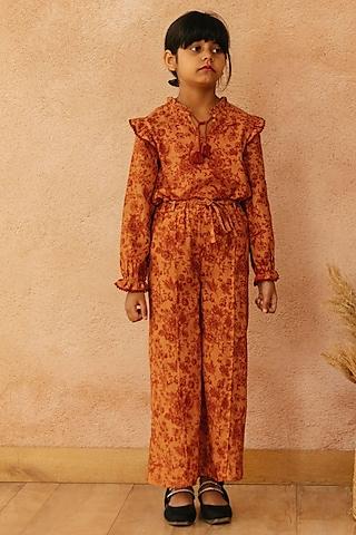 Orange Cotton Floral Printed Pants For Girls