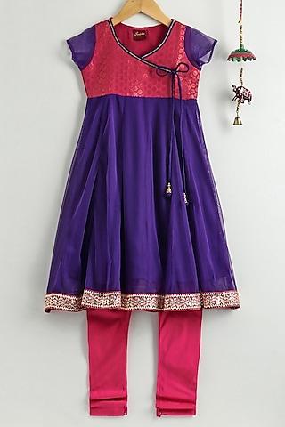Purple & Pink Polyester Angrakha Kurta Set For Girls