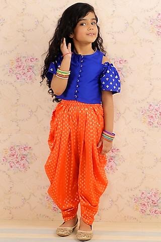 Orange Printed Dhoti Set For Girls