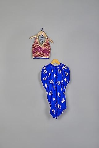 Blue Printed Dhoti Set For Girls