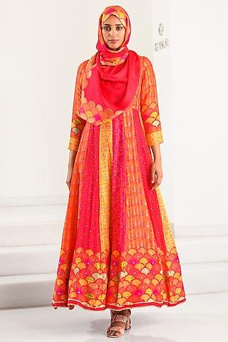 Pink & Orange Silk Printed Anarkali With Scarf