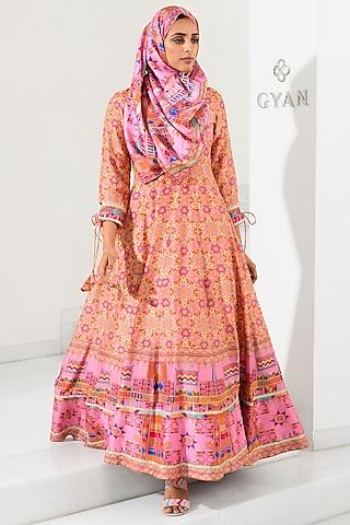 Pink Silk Printed Anarkali With Scarf