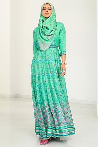 Turquoise Green Silk Printed Anarkali With Scarf
