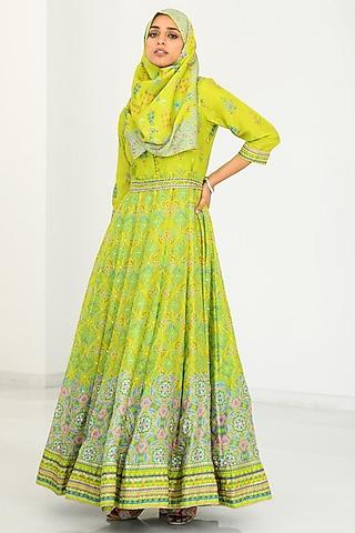 Lime Green Silk Printed Anarkali With Scarf