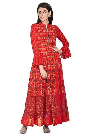 Red Printed Silk Anarkali