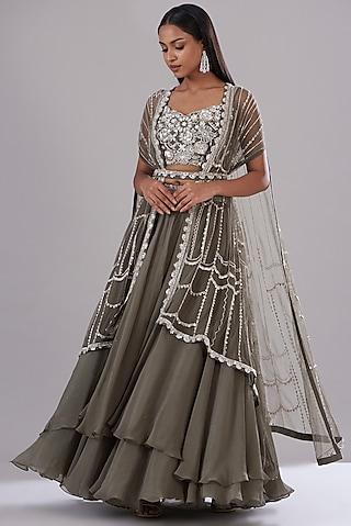Grey Georgette Embroidered Cape Set