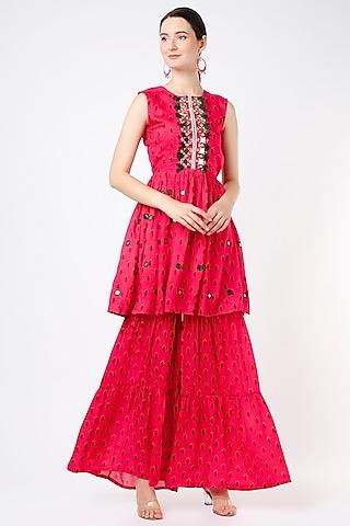 Reddish-Pink Printed Sharara Set For Girls