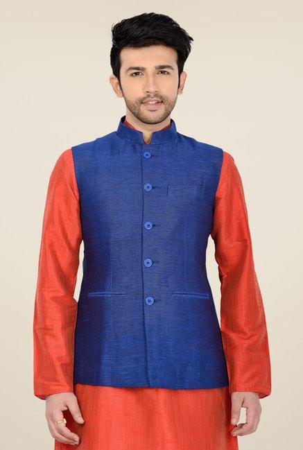 Manyavar Blue Textured Ethnic Waistcoat