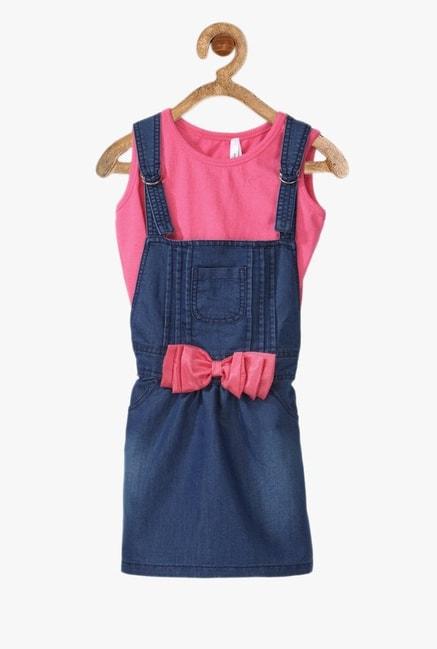 StyleStone Kids Blue & Pink Solid Dungaree With Inner Top