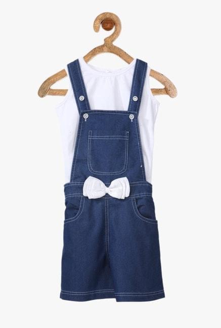StyleStone Kids Blue & White Solid Dungaree With Inner Top