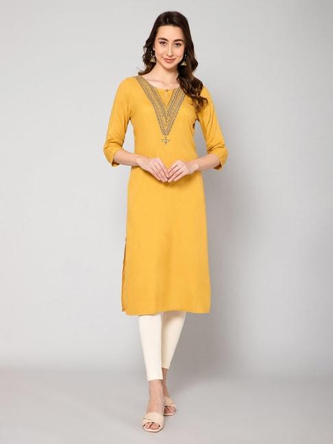 Cantabil Yellow Embroidered Straight Kurti