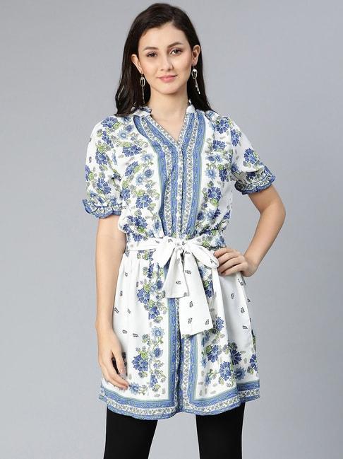 Oxolloxo Blue & White Viscose Floral Print Tunic