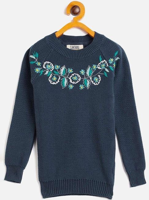 Cantabil Kids Navy Cotton Embroidered Full Sleeves Sweater