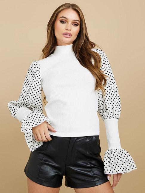 Styli Polka Dot Print Long Sleeves High Neck Fitted Blouse