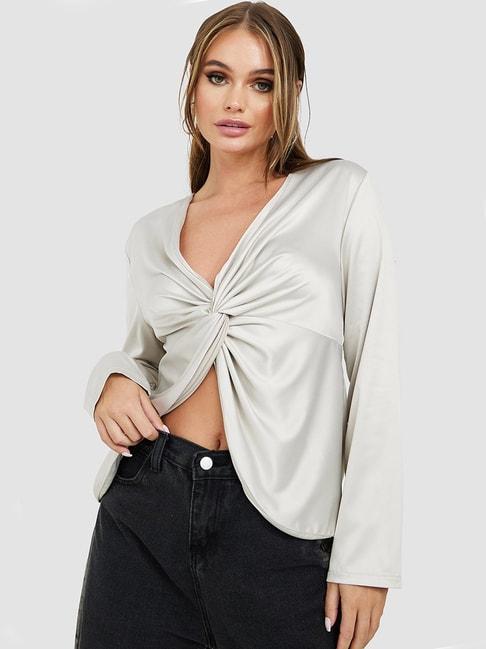 Styli Long Sleeves V Neck Front Knot Detail Satin Blouse