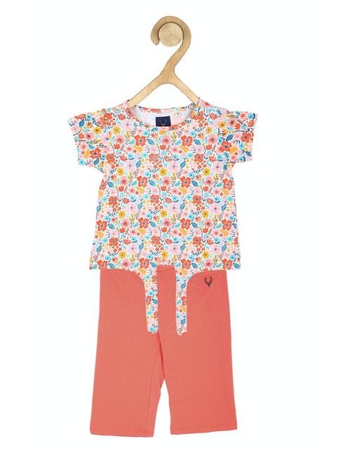 Allen Solly Junior White & Coral Floral Print T-Shirt with Capri