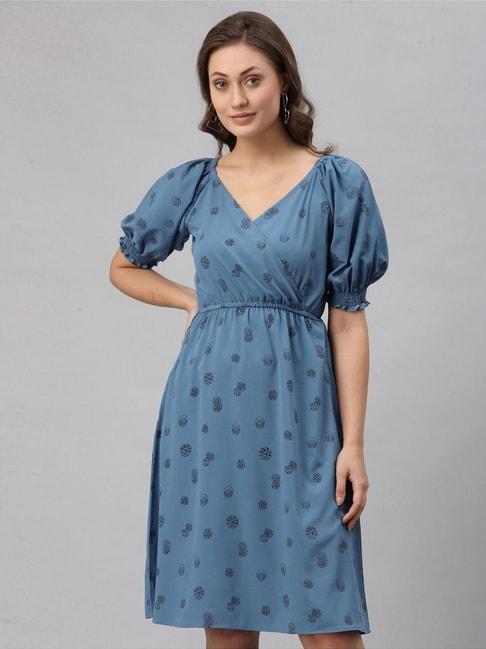 SELVIA Blue Printed A-Line Dress
