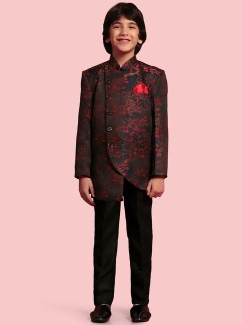 aj-dezines-kids-red-&-black-floral-print-full-sleeves-sherwani-set