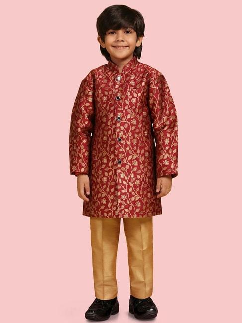 aj-dezines-kids-red-&-golden-floral-print-full-sleeves-sherwani-set