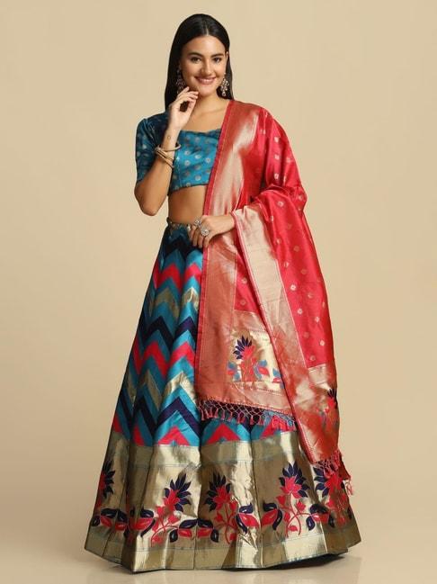 Atsevam Blue Woven Pattern Semi-Stitched Lehenga Choli Set With Dupatta
