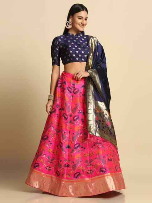 Atsevam Pink & Navy Woven Pattern Semi-Stitched Lehenga Choli Set With Dupatta