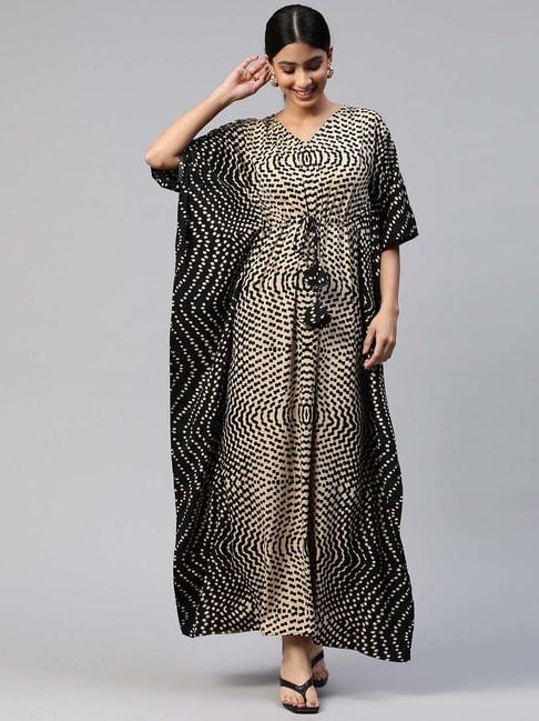 Cottinfab Beige & Black Abstract Print Maxi Kaftan Crepe Dress
