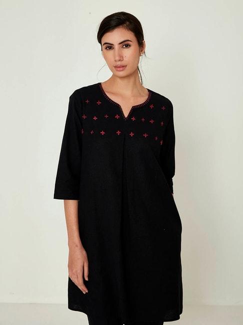 ANCESTRY Black Cotton Embroidered A Line Kurti