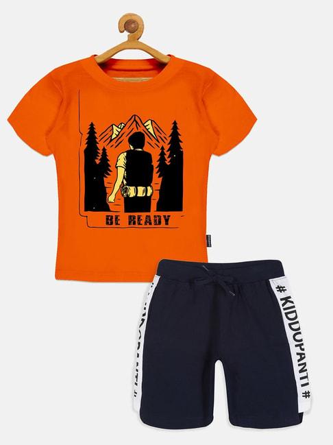 Kiddopanti Kids Orange & Navy Printed T-Shirt with Shorts
