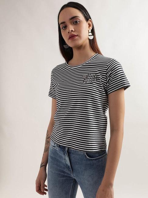 Elle Black & White Cotton Striped T-Shirt