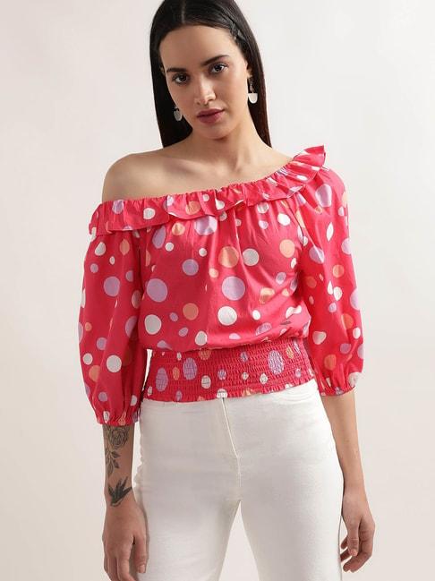 elle-bright-pink-cotton-polka-dot-print-top