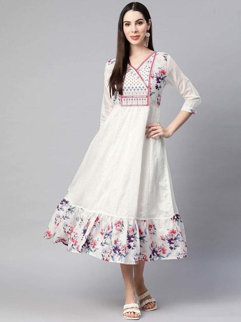 READIPRINT FASHIONS White Cotton Embroidered A-Line Dress