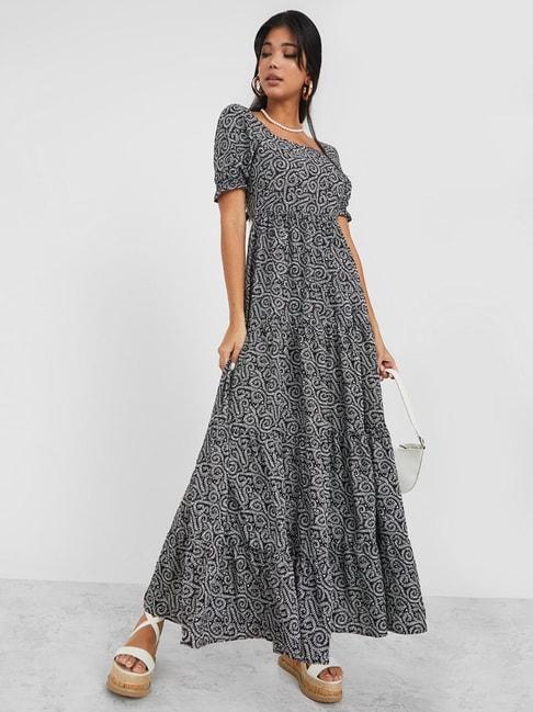 Styli Cuffed Sleeve Polka Dot Print Fitted Bodice Tiered Maxi Dress
