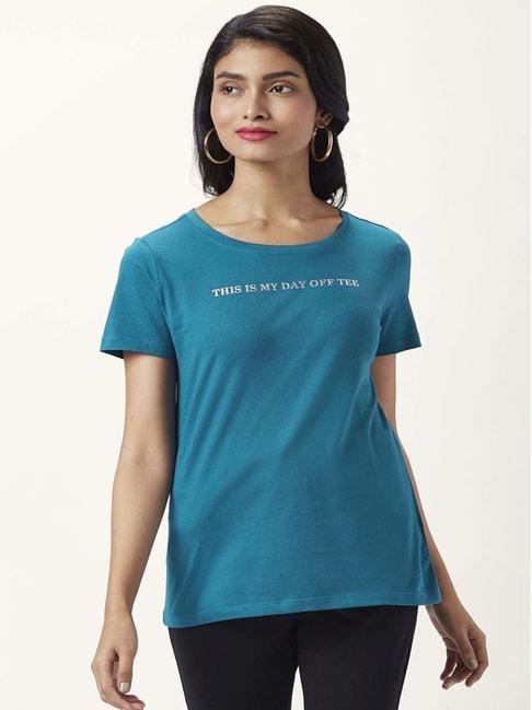 Honey by Pantaloons Teal Blue Cotton Graphic Print T-Shirt