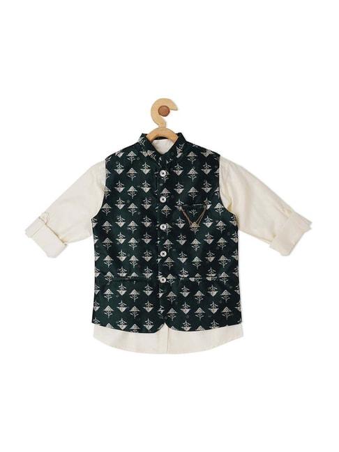 cavio-kids-green-&-white-cotton-printed-shirt-set