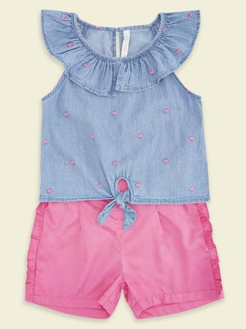 Pantaloons Junior Blue & Pink Cotton Printed Top Set