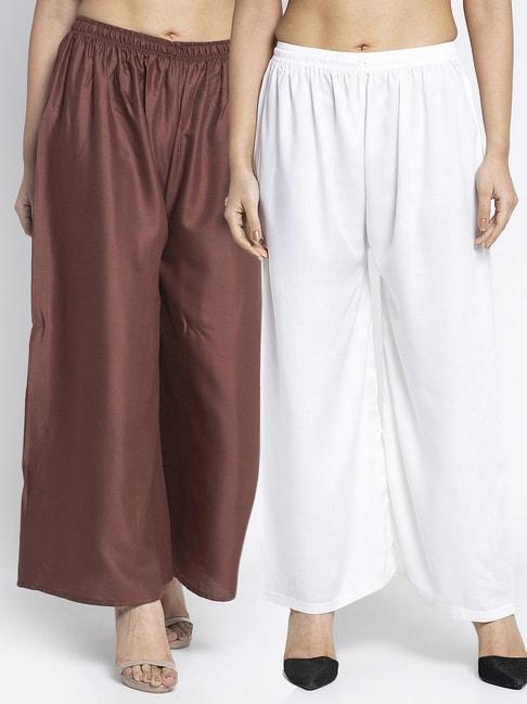 Gracit Brown & White Rayon Palazzos - Pack of 2
