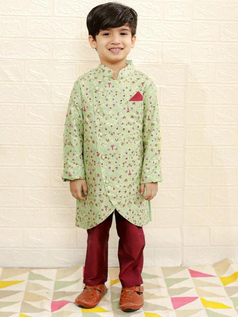 Lil Drama Kids Light Green & Maroon Floral Print Full Sleeves Kurta with Pyjamas