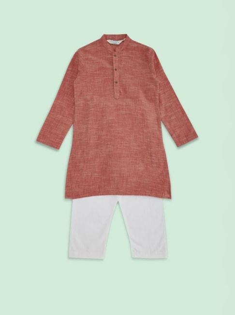 Indus Route by Pantaloons Kids Peach & White Cotton Regular Fit Full Sleeves Kurta Set